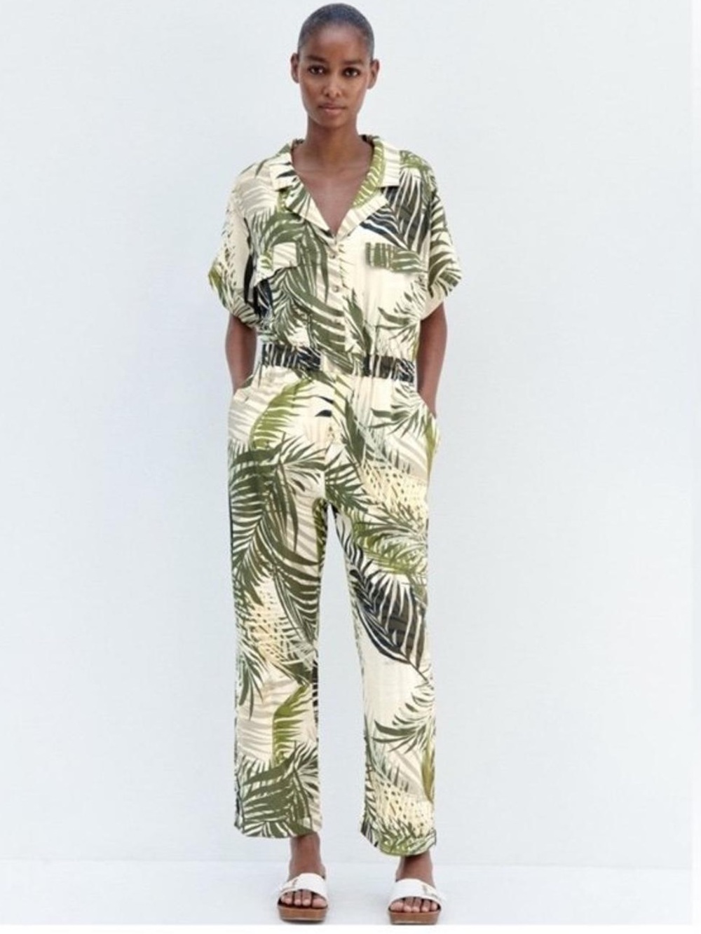 Zara Tropical Safari Palm Print Utility Jumpsuit Green | Medium | NWT